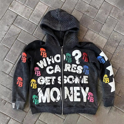 Beli zipper puff print hoodie Vintage Cuci 500gm Berat berat Oversized Raw Hem online manufacture
