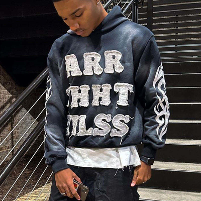 Beli Vintage Sun Fading Acid Wash Distressed Patch Applique bordir potong hoodie pria potong atas sweatshirt online manufacture