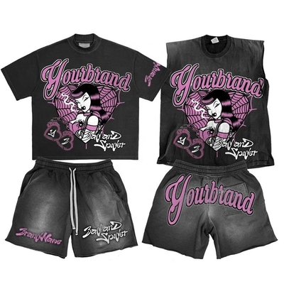 Beli Custom Logo Acid Wash Hoodies Sweat Shorts Hitam Crop Top dan Sleeveless Tank Top Set online manufacture