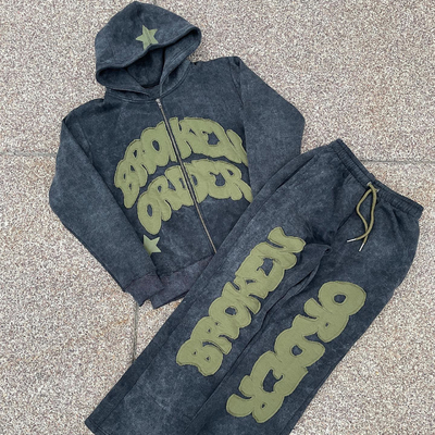 Beli Vintage Distressed Patch Applique Embroidery Hoodie Set dengan pilihan warna yang dapat disesuaikan online manufacture