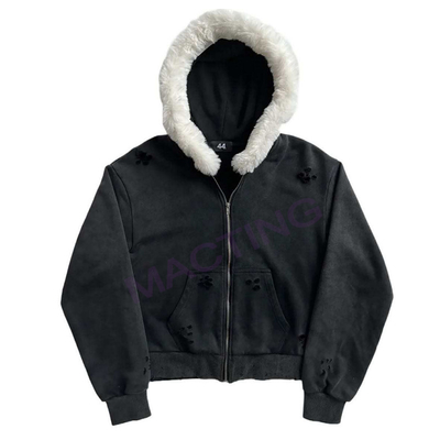 Beli Solid Acid Wash Sun Fading Distressed Custom Full Zip Up Hoodies Jaket dengan kerah bulu online manufacture