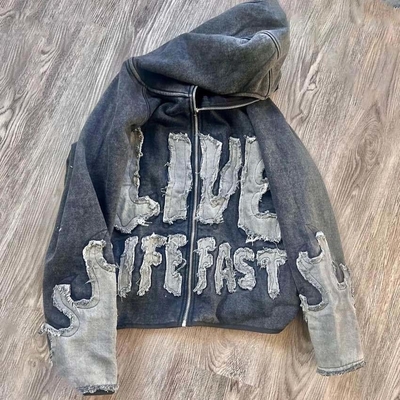 Beli Custom Graphic Zipper Vintage Embroidery Patchwork Label Disesuaikan Label Pria Hoodies online manufacture