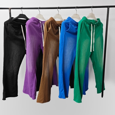 Beli Pria Sun Fading Asam Cuci Flared Sweatpants khusus untuk gadis-gadis anak laki-laki Vintage Dekorasi Raw Hem Cut Edge online manufacture