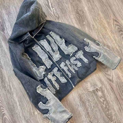 Beli Warna-warni Vintage bordir Patchwork Hoodie dengan Full Zipper dan Distressed Applique online manufacture