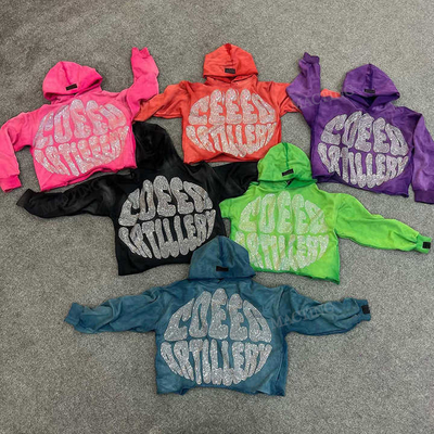Beli Pria Vintage Oversized Asam Cuci Zip Up Raw Hem Rhinestone Potong Hoodie Disesuaikan online manufacture