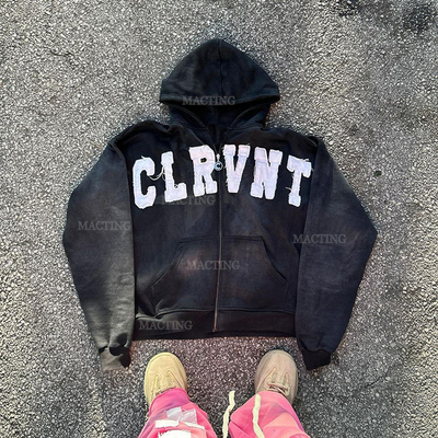 Beli Custom Logo Streetwear 400gsm Stone Wash Zip Up Hoodie dalam abu-abu dengan Patch Distressed online manufacture