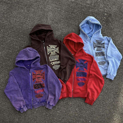 Beli Pria Anti-Srink Acid Wash Hoodie dengan Double Zipper Vintage Sun Fading Style online manufacture