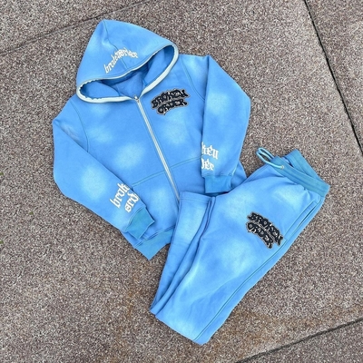 Beli Label Unisex Pria Hoodies Set Custom Full zip up hoodie tracksuit Acid Wash Sweatsuit online manufacture