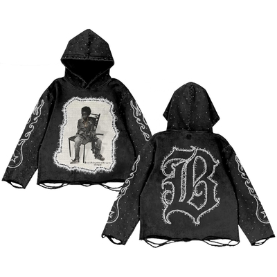 Beli Hitam vintage rhinestone hoodie Distressed bordir patch 220 gram berat berat asam cuci online manufacture