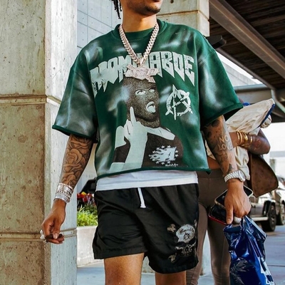 Beli Men's Custom Streetwear Vintage Acid Wash Sun Fading Raw Hem boxy fit crop top T-Shirt online manufacture