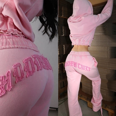 Beli Acid Wash Zip Up Hoodie Tracksuit Anak laki-laki cokelat Wanita Street Wear Patch bordir Cuci Jogger online manufacture