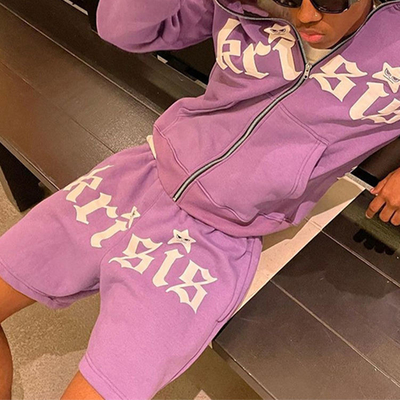 Beli keren berwarna-warni baju olahraga pertempuran bermasalah bordir Patchwork Hoodie Shorts Set Perancis Terry 3D Puff Printing online manufacture