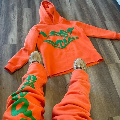 Beli pakaian olahraga kriket katun khusus Pria Set Hoodie Puff Cetak ditumpuk Celana Flared online manufacture