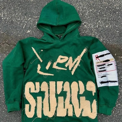 Beli Custom 420 gsm Pria Streetwear Hoodie dengan Patch bordir Vintage Acid Wash Desain online manufacture