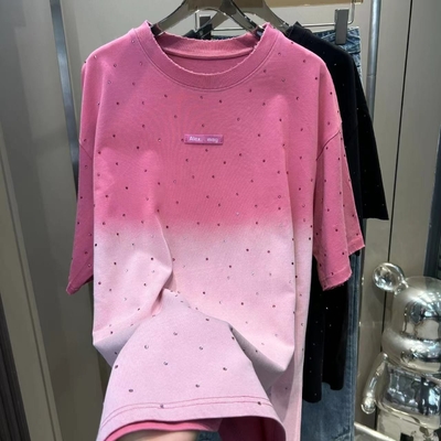 Beli 250Gsm pria rhinestone T-shirt Unisex Baju T-shirt dengan Vintage Wash Oversized Fit di Pink Acid Wash online manufacture