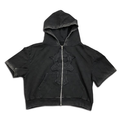 Beli vintage hitam t-shirt kosong grosir Anti keriput Musim panas Streetwear Hoodie Cuci bordir Patchwork online manufacture