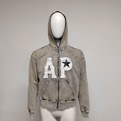 Beli 360 gram berat kain Hoodies khusus dengan full face zip up dan vintage acid wash online manufacture