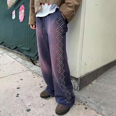 Beli Sun Fading Acid Wash Custom Joggers Cotton Baggy Sweatpants dengan Crystal Decoration online manufacture