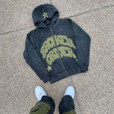 Beli Custom Oversized Sun Fading Distressed Zip Up Broded Patch Hoodie Set online manufacture