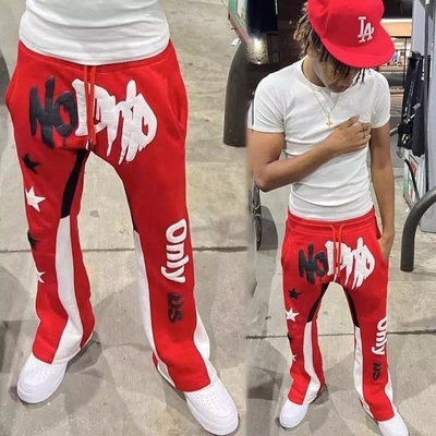 Beli celana olahraga flare merah untuk pria Jogger anti-statis Track Sweat Pants Vintage Style Puff Printing online manufacture