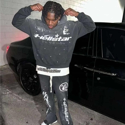 Beli Mencuci Top Hitam Tanaman dan Sweatpants Flared Set untuk Custom 2 Piece Joggers Tracksuit online manufacture