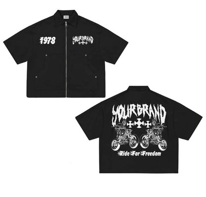Beli Custom Logo Screen Print Zip Up Cut Boxy T-Shirt dalam 100% Kain Katun untuk Streetwear online manufacture