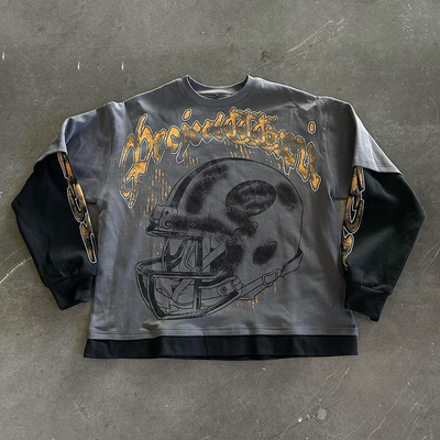 Beli T-shirt lengan panjang hitam mencuci T-shirt pria Heavyweight Acid Wash Gaya Hip Hop online manufacture
