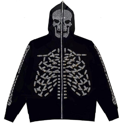 Beli 800 gram Hooded Zip Up Sweatshirt Pria Gothic Rhinestone Tengkorak Graphic Print Jaket online manufacture