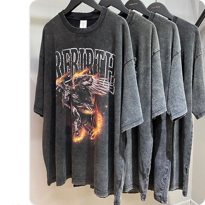 Beli T-Shirt Custom Pria Silk Screen Printing Ukuran Besar Vintage Distressed Acid Wash Tee S-5XL online manufacture