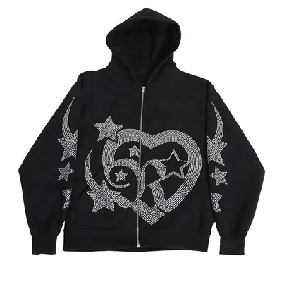 Beli 700 gram Heavyweight Rhinestone Zipper Pria Hoodies Sweatshirts Full Zip Up Hoodie online manufacture