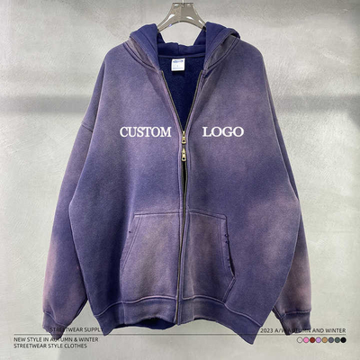 Beli Vintage Acid Wash Matahari Lenyap Mendesak Zip Up Hoodie kosong untuk Custom Logo Streetwear online manufacture
