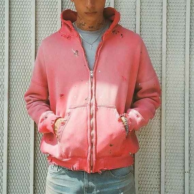 Beli Solid Custom Wanita 400 gsm Katun Oversized Pink Asam Cuci Vintage Miskin Dipotong Zip Up Hoodie online manufacture