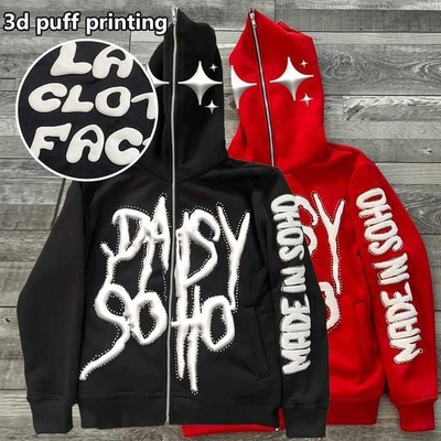 Beli pria puff cetak zip up hoodie Full Face Rhinestone 3d Puff Printing untuk Streetwear Style online manufacture