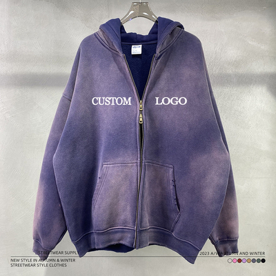 Beli Vintage Two Way Double Zipper Rips Distressed Hoodie Musim Dingin tebal Streetwear untuk Pria online manufacture