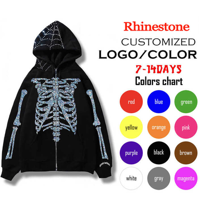 Beli Desain Custom Full Zip Up Hoodie dengan bordir dua lapisan dan Rhinestone Bling online manufacture