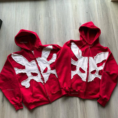 Beli Cuci Custom 500 Gsm Streetwear Berat berat Perancis Terry Vintage Cuci Asam Patch Miskin Applique bordir Zip Up Hoodie online manufacture