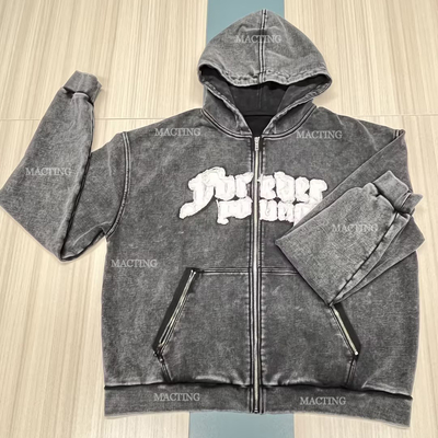 Beli 500 Gsm tebal Kotak Zipper saku Patched bordir Hoodie Pria berlapis Hoodies Custom online manufacture