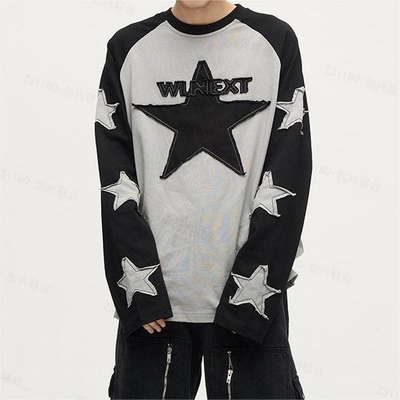 Beli Custom Logo Applique Patchwork T-shirt lengan panjang bordir untuk kehidupan sehari-hari santai online manufacture