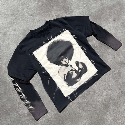 Beli Custom Oversized Boxy Y2K Graphic Distressed Patchwork Bordir Tshirt untuk Pria online manufacture