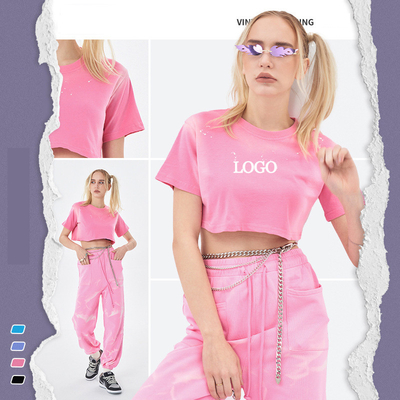 Beli 2024 Musim Panas Acid Wash Pudar Panas Crop Top Wanita T-Shirt dengan Label Disesuaikan online manufacture
