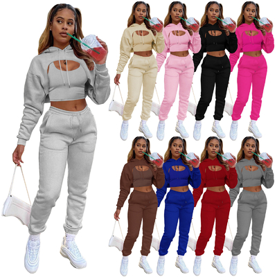 Beli Printed Pink Women Tracksuits 3 Piece Set Crop Top Hoodie dan Joggers Hoodies potong online manufacture