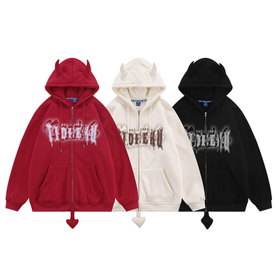 Beli 8oz 12 ounce zippered berkerudung sweatshirt Devil Horn dicetak bulu kosong Unisex pasangan pria oversized full zip up sweater online manufacture