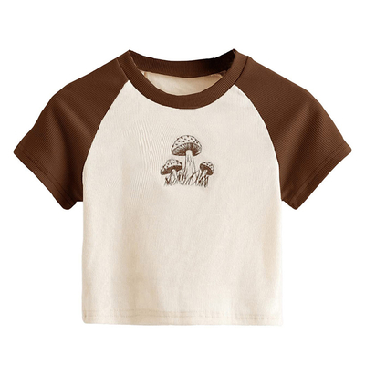 Beli T-shirt bordir cetak grafis wanita dengan desain jamur lucu dan lengan Raglan online manufacture