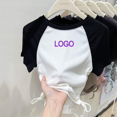 Beli Custom Y2K Ribbed Cotton Contrast Color Crop Top Curved Drawstring lengan pendek Wanita online manufacture