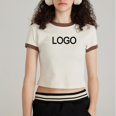 Beli Dekorasi bordir Wanita Y2k Vintage Young Fashion Kontras Ringer Crop T-shirt online manufacture