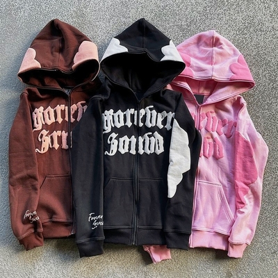 Beli Pria Hoodie Full Face Zip Up Hoodie puff cetakan coklat Heavyweight Perancis Terry Kain online manufacture