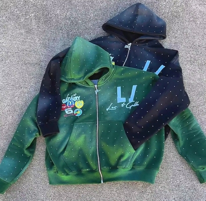 Beli Vintage Sun Fading Acid Wash Patch Bordir Rhinestone Boxy Fit Potong Zip Up Hoodie untuk Pria Lengan Biasa online manufacture
