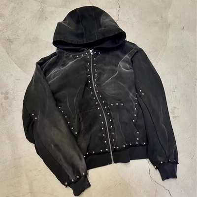 Beli 500gm hitam rhinestone zip up hoodie pria oversized musim gugur Hooded Hoodie matahari memudar Asam Cuci Lihat online manufacture