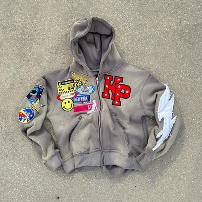 Beli Pria rhinestone zip up hoodie 500Gsm abu-abu oranye Stone Acid Wash Hoodie Gangguan Patch bordir online manufacture