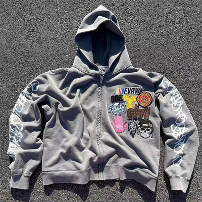 Beli Autumn Custom Men's Stone Acid Wash Cropped Boxy bordir zip up hoodie bordir sweater vintage online manufacture